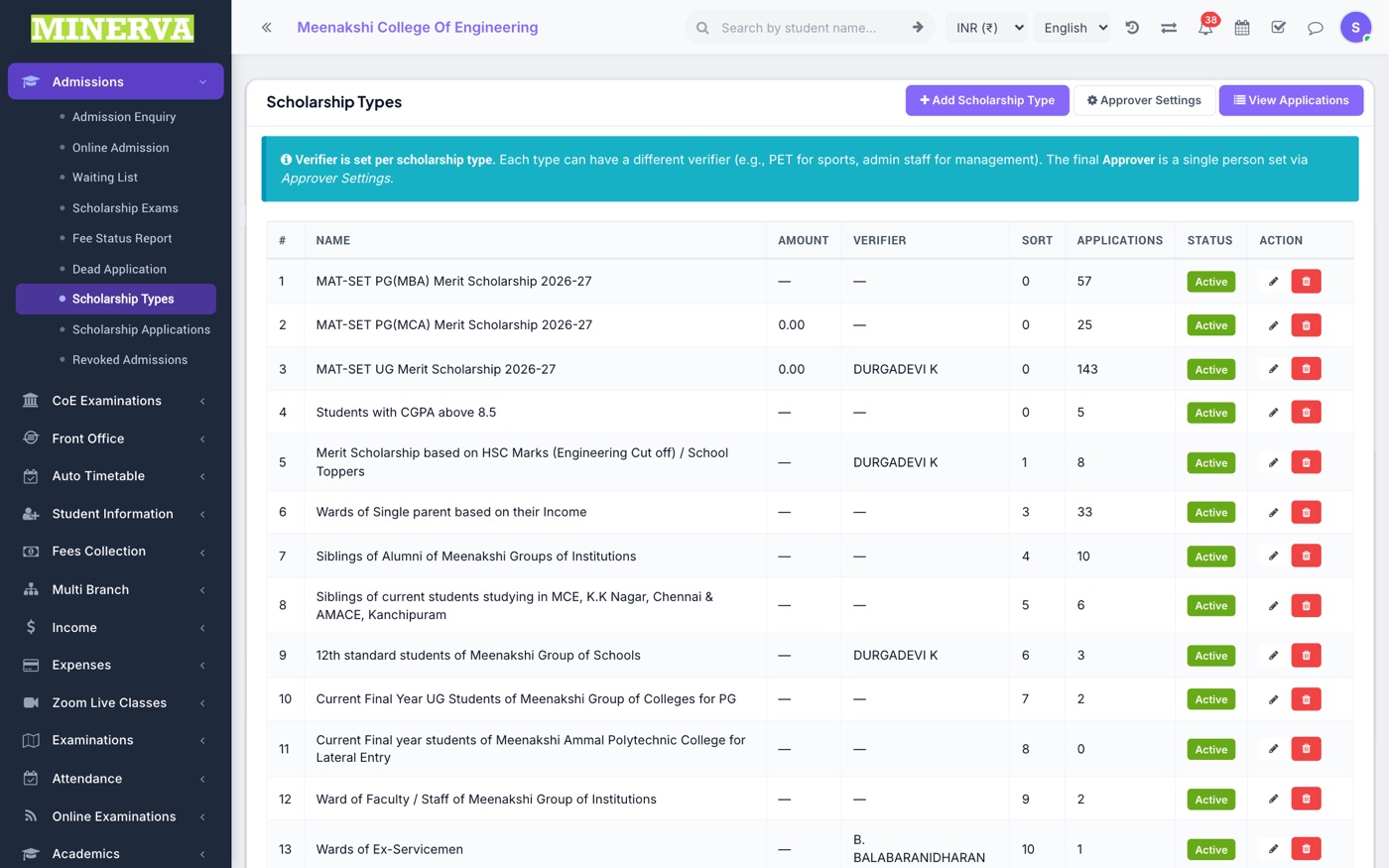 Scholarship Types & Applications screen
