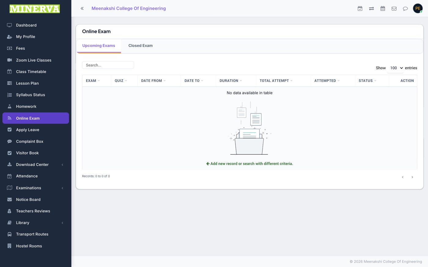 Online Exam page